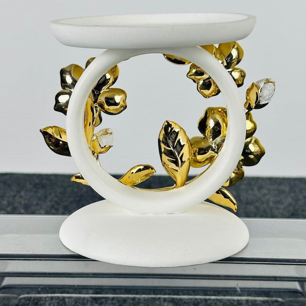 Bath & Body Works Gold Floral 3-Wick Candle Holder White Flower Pedestal Stand - Picture 4 of 8